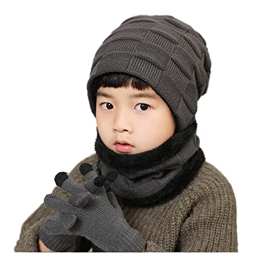 3 Pcs Boys Winter Beanie Hat Scarf Gloves Set Fleece Lined 3-10 Years Old Boys Ski Caps Kids Cold Weather Mittens Neck Warmer