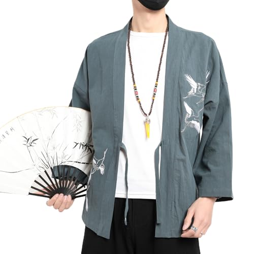 Image of Men's Japanese Kimono Cardigan Loose Cotton Linen 3 /4 Sleeve Open Front Casual Summer Shirt Jackets
