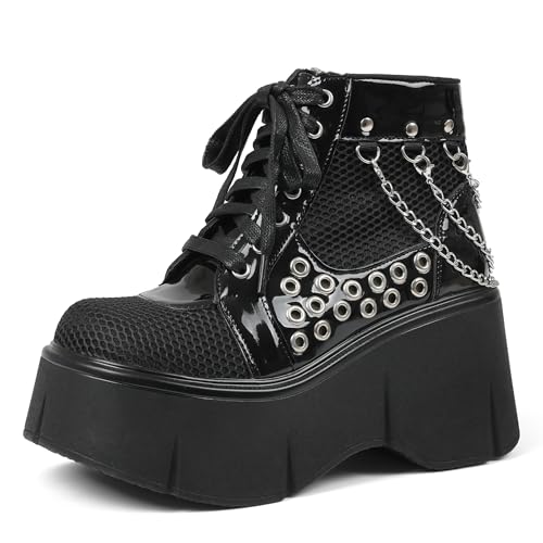 Yremael Womens Black Platform Boots Wedge Goth Round Toe Lace Up Chain Mesh Punk Combat Ankle Booties