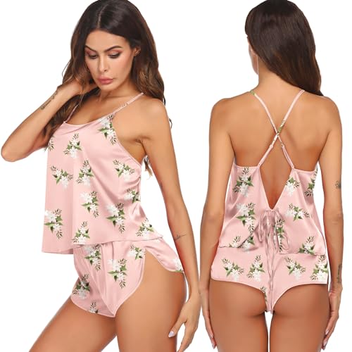 Image of Ekouaer Silk Pajamas Set for Women Satin Backless Lingerie Pjs Cami Top and Shorts Nightwear