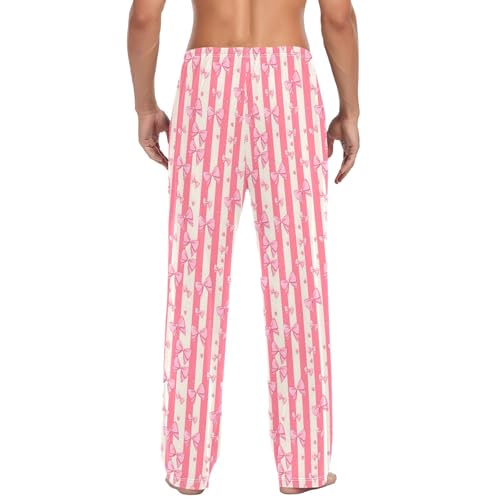 Mens Cotton Pajama Pants Sleep Lounge Pj Bottoms Sleepwear with Pockets Drawstring S Pink Striped Background Bow3