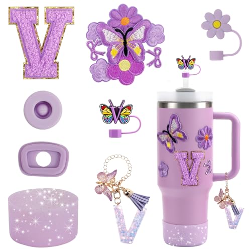 15PCS Cup Accessories Set for Stanley Cup 30oz 40oz Tumbler with Handle, Including Silicone Straw Cover and Boot, Spill Proof Stopper, Stanley Charms, Handle Charm, Initials Sticker (Letter V, Purple)