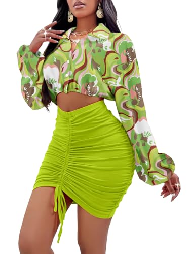 Image of Women's Two Piece Skirt Sets Long Sleeve Crop Tops Stretchy Drawstring High Sexy Mini Skirts Sets MS88