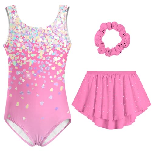 Idgreatim Gymnastics Leotards for Girls 4T 5T Sparkly Pink Ballet Leotard with Removable Skirt Athletic Tumbling Class Practice Gymnastic Outfits