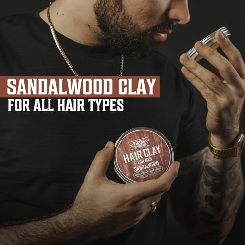 Image of Viking Revolution Sandalwood Hair Clay - Strong Hold & Matte Finish, Texturizing Hair Clay for Men - Beeswax, Jojoba Wax & Vitamin E - Effortless Styling with Sandalwood Scent (2 pack, 2oz each)