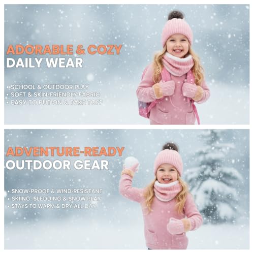 Image of Kids Winter Beanie Hat Gloves Scarf Set 1-10 Years Old Girls Boys Mittens Knit Neck Warmer Warm Fleece lining