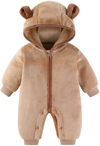 Newborn Baby Bear Snowsuit Warm Fleece Jumpsuit Winter Hooded Romper Clothes Bunting Outwear for Infant Girls Boys Brown 3-6M