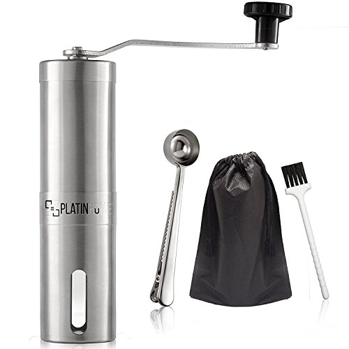 Stainless Steel Manual Coffee Grinder W/Ceramic Burr for Perfect Coffee Every Time - Quiet and Easy to Use, Perfect for Travel/Home - W/FREE Brush, Spoon, Pouch and E-book by PlatinHome