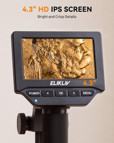 Image of Elikliv Microscope, 4.3'' Digital Coin Magnifier with Lights for Adults | IPS Screen,1080P Resolution, 8'' Stand, Built-in Battery, Great Magnification, Save Photos & Videos, Mac Windows Compatible