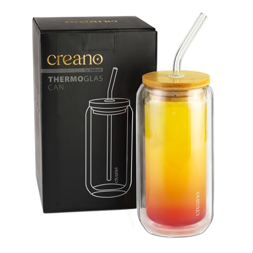 Creano Bicchiere Doppia Parete 360ml con Coperchio in Bambù e Cannuccia – Ideale per Smoothie Bubble Tea Cocktail – Bicchiere Trasparente Riutilizzabile Design Elegante - 1x 360ml