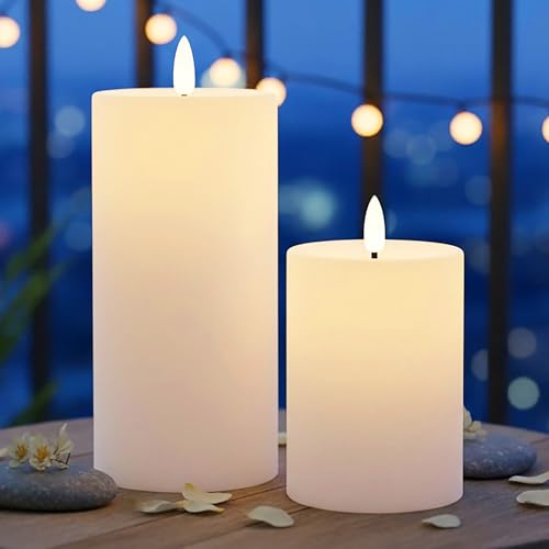 Lot de 2 bougies piliers solaires avec effet flamme - 10 + 15 cm - Bougie LED artificielle blanc chaud - Fonctionne à l'énergie solaire - Pour l'extérieur -...