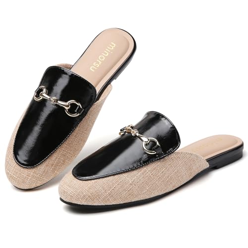 Image of Minorsu Buckle Mules for Women Flats Loafers Shoes for Work Office Business | Slip on,Round Toe,Backless,Slides, Casual