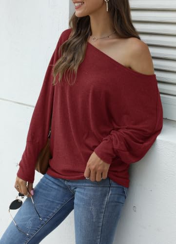 Image of Aifer Women's Off The Shoulder Tops Sexy Long Sleeve Shirts Oversized Fashion Casual Batwing Sweaters Pullover Tunic Tops