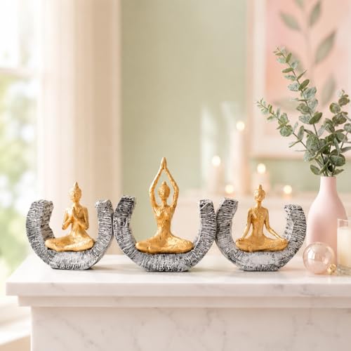 Image of Amazon Basics Serene Yoga Meditating Figurine Set for Home & Office Decor | Modern Spiritual Sculpture Showpieces for Living Room, Meditation Corner & Shelf Styling (Gold & Grey, Set of 3)