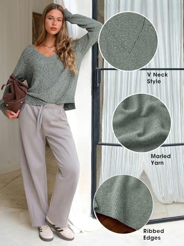 EXLURA Womens Fall Oversized Sweaters Cotton Long Sleeve V Neck Off Shoulder Sweater Pullover Jumper Tops Trendy Winter 20253