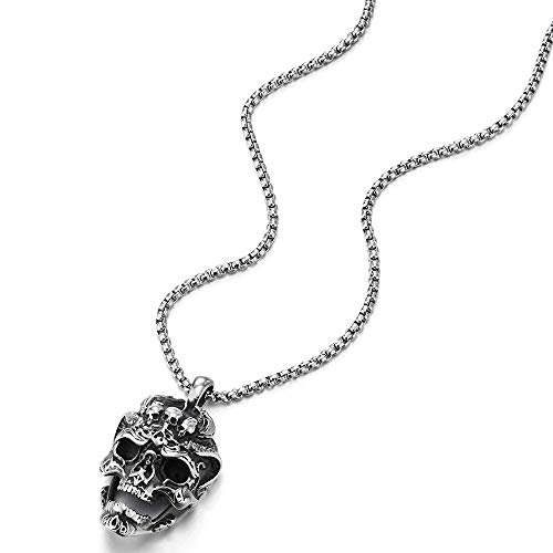 COOLSTEELANDBEYOND Mens Stainless Steel Large Vintage Skull Pendant Necklace with 30 inches Wheat Chain, Gothic Biker3