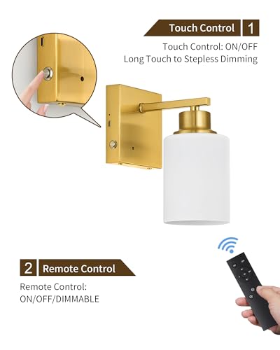 Image of Rayogale Wireless Battery Operated Wall Sconce Set of 2 with Remote Control | Gold Dimmable Rechargeable Wall Lights with Timer, Easy Install White Glass Lamp for Living Room Bedroom, Emergency 3000K