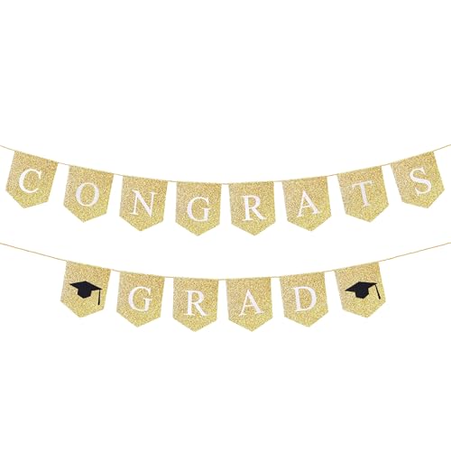 Glitter Congrats Grad Banner, Prestrung Gold Graduation Banner Sign for Congratulations Party Decorations 2025