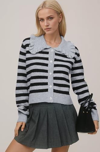 Image of Ythomm Womens Ruffle Collar Cropped Cardigans Button Down Open Front Long Sleeve Knit Sweater Jackets Casual Solid Fall Tops