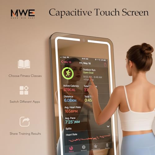 RIXZSIW Smart Gym Mirror for Home Workout | 32" HD Touch-Screen Andriod OS | 63" Reflective Surface | No VIP Fees Support Various APPs, Music Sync LED Light Strip, for Home Gym/Yoga/Dance