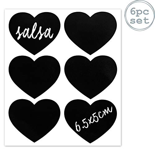 Nicola Spring Set of 6 Chalkboard Labels for Glass Jars - Waterproof Adhesive Blackboard Stickers for Preserving, Pantry Storage - Heart - 6.5cm x 5cm