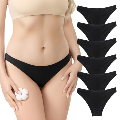 Unimisshe 6-pack Cotton Underwear for Women Low Rise Stretch Bikini Sexy Ladies Panties (Large 01 Black)