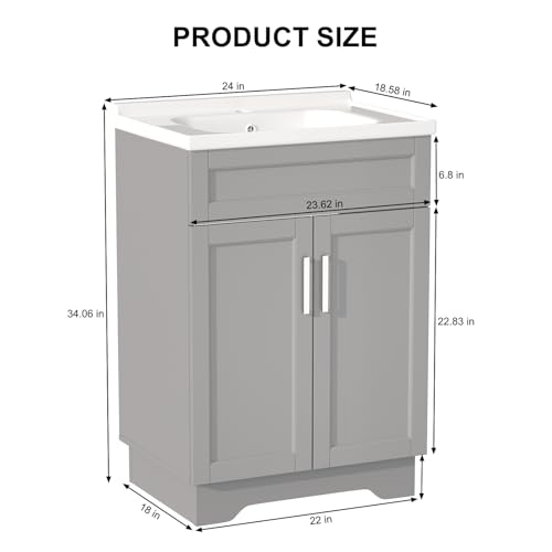 OLD CAPTAIN Bathroom Vanity with Ceramic Sink, Wooden Double Door Bathroom Storage Vanity with 24 Inch, Small Quick Assembly Bathroom Cabinet, White & Grey - Image 3