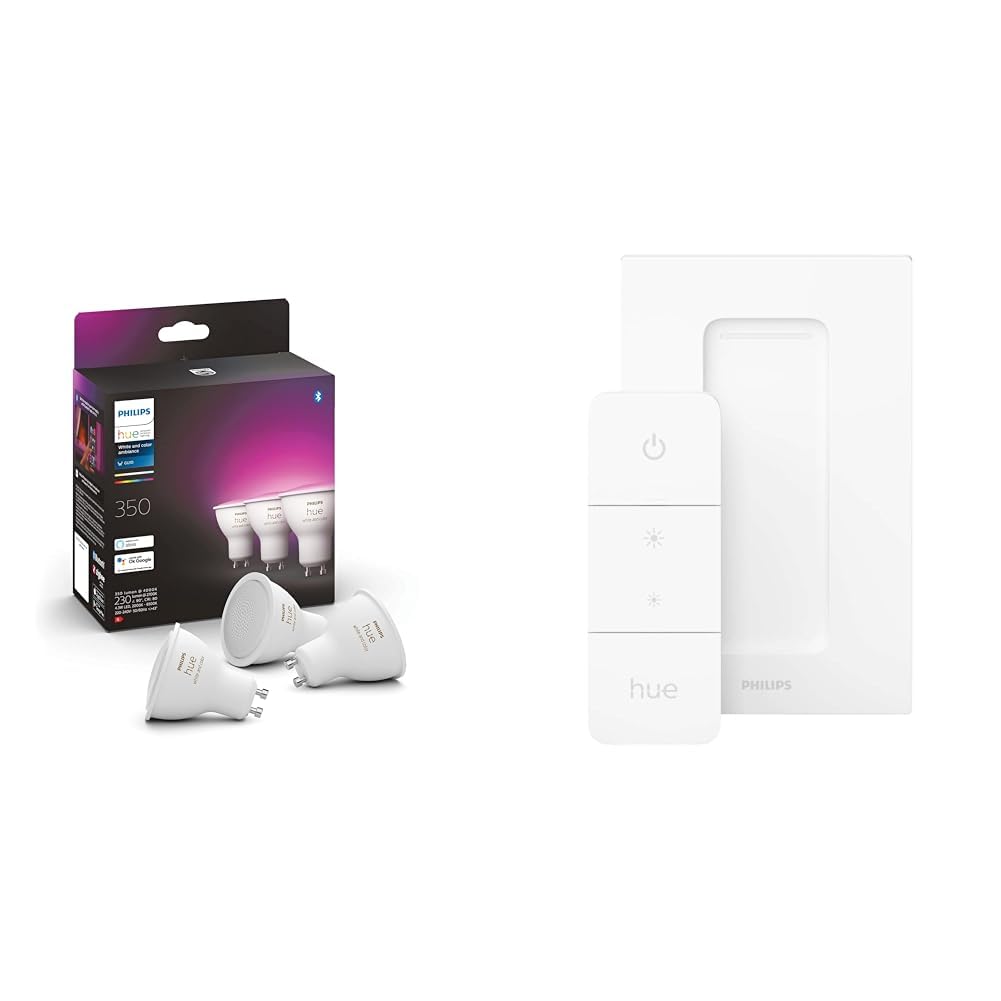 Philips Hue White and Color Ambiance, ampoule LED connectées GU10 4.3W compatible Bluetooth, Lot de 3 & Philips Hue Dim Switch Télécommande nomade variateur de lumière V2