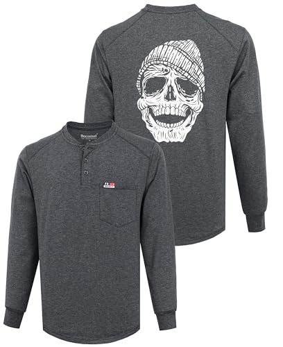 Image of BOCOMAL FR Shirts for Men Long Sleeve EX Soft Flame Resistant Henley CAT2 | NFPA2112 6oz Midweight Cotton Knit Heather Series,Moisture-Wicking /Breathable,Chest Pocket,Rib-Knit Cuffs,Summer Work T Shirt