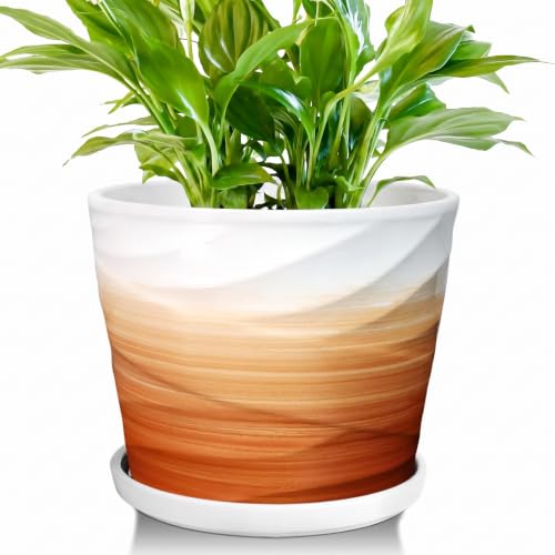 YUFDA 8 Inch Ceramic Plant Pot, Khaki + White