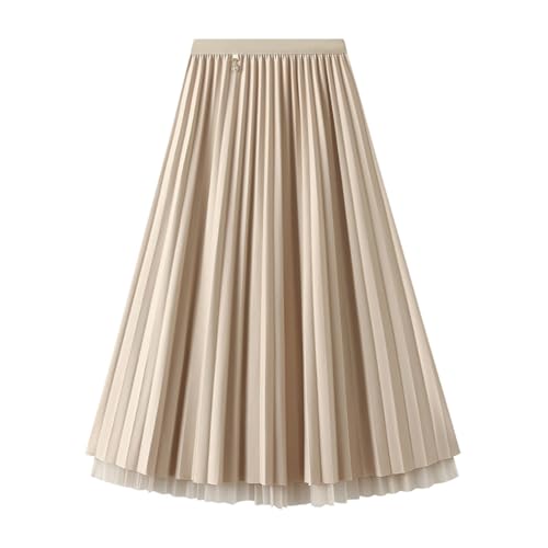 Women's Winter Reversible Stretchy Waist Knitted A Line Pleated Midi Skirt Tulle Skirt Elastic High Waist Midi Skirt, Apricot