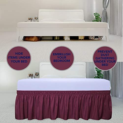 PureFit Wrap Around Ruffled Bed Skirt with Adjustable Elastic Belt - 22 Inch Drop Easy to Put On, Wrinkle Free Bedskirt Dust Ruffles, Bed Frame Cover for Twin,Twin XL and Full Size Beds, Wine
