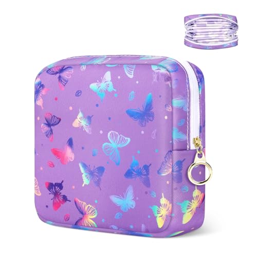 Image of Likesing Period Bag Pouch, Canvas Sanitary Napkin Storage Bag for Girls Womens, Portable Sanitary Napkin Period Pad Pouch Bag for Purse, Small Make Up Bags(Purple Butterfly)