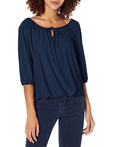 Star Vixen Women s 3 4 Sleeve Peasant Elastic-Hem Keyhole-Tie Top, Navy, M