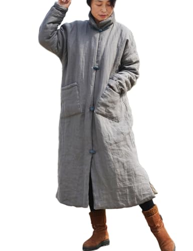 NFYM Women Winter Long Coat Quilted Jacket Thicken Padding Retro Mandarin Collar Button Down Outwear