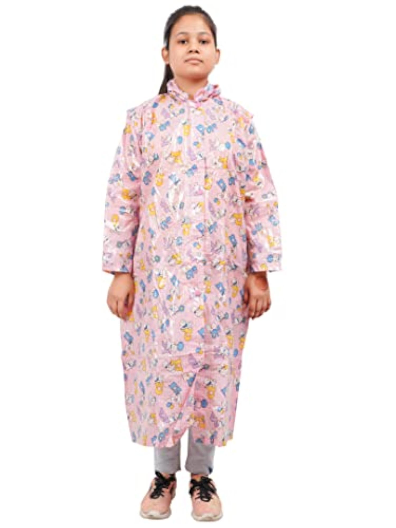 Kids Cartoon Printed PVC Raincoat with School Bag, Pink