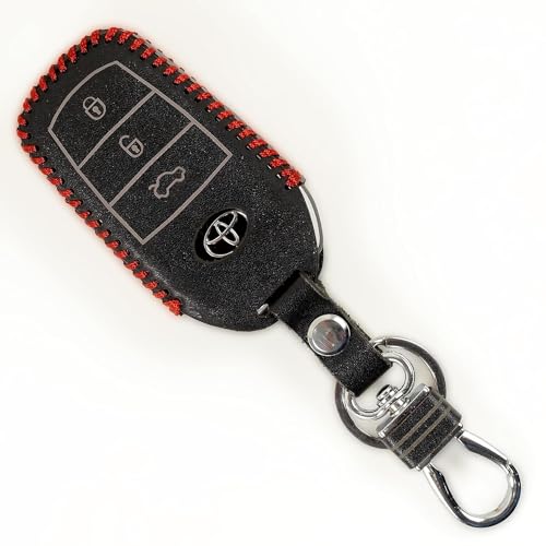 Image of Leather Smart Car Key Cover Case with Metal Hook Keychain for Toyota Fortuner Innova Crysta (Black)