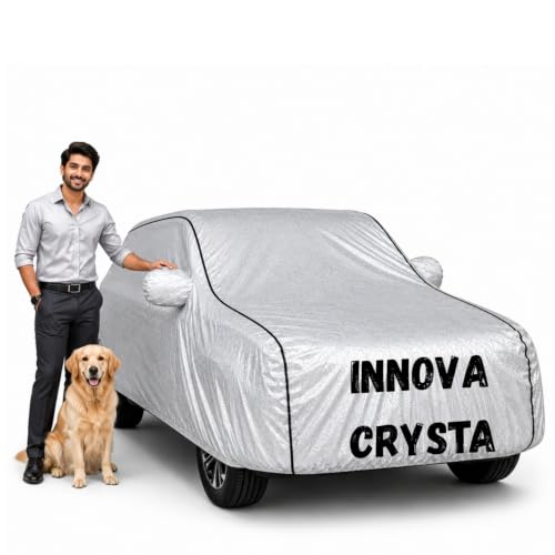 Image of Waterproof Car Cover for Innova Crysta | Soft Cotton Lining Heavy Duty Triple Stitched Heat Resistant Outdoor Cover Comes with Mirror and Antenna Pocket Full Bottom Elastic (Zig Zag Silver)