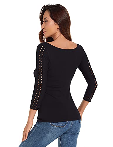 AmélieBoutik Women Boatneck Eyelet Trim 3/4 Sleeve Knit Top Sweater4