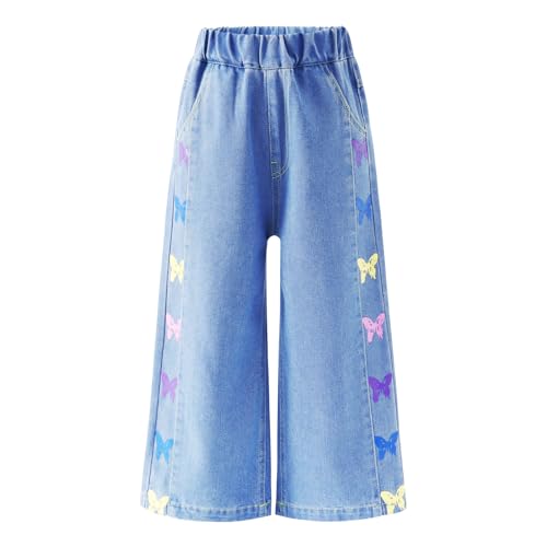 Girls' Wide Leg Jeans | Colorful Butterfly Print Denim Pants | Elastic Wasit Baggy Straight Jeans Kids Clothes 4-143