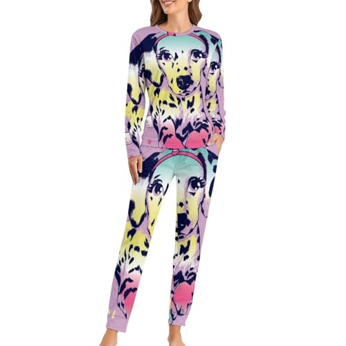 Pyjama femme chien licorne avec t-shirt manches longues et pantalon de nuit