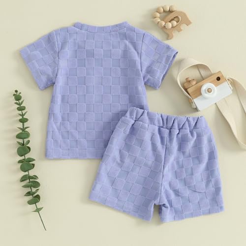Unisex Toddler Baby Boy Girl Summer Clothes Short Sleeve T-Shirt+Shorts Checkerboard Two Piece Solid Outfit Set3