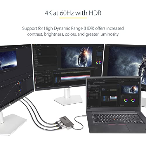Image of StarTech USB-C to Triple HDMI MST Hub, 4K 60Hz, HDR, DSC, 2ch audio | 3-port USB-C to HDMI splitter, Laptop display extender, HDCP 2.2, USB Powered, Built-in cable, Windows