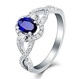 Ayoiow Anillo de compromiso para mujer, sin níquel, hueco, retorcido, ovalado, azul, zafiro, anillo de mujer, anillo de piedras, anillos de oro blanco azul, Piedra blanca y oro, Zafiro