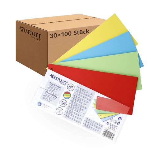Westcott Trennstreifen 100 Stück Intensivfarben Mix (30er-Pack) | Robuste Heftstreifen 190g/m² für A4 Ordner | Trennblätter 10,5 x 24 cm | Register 2-fach-Lochung für DIN-A4 Dokumente | E-733320 00