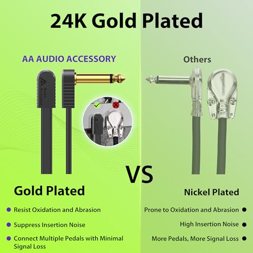 Image of AA AUDIO ACCESSORY Kevlar Reinforced Guitar Patch Cables 2 Inch 4-Pack, Built-to-Last, Noise-Free Quad-Layer Shielded, Gold-Plated Flat Ribbon Guitar Pedal Cables for BOSS, MXR, EBS, Behringer Pedal