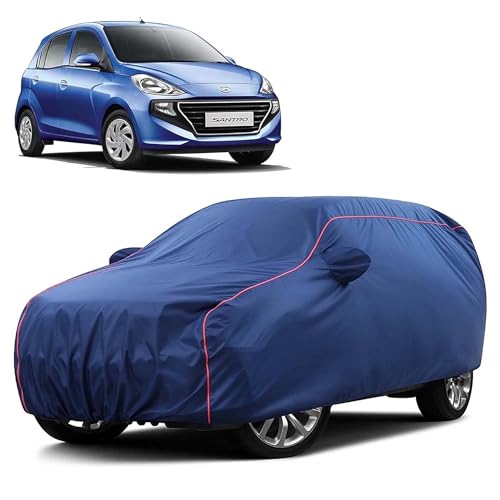 Image of Sulfar 100% Water Resistant Car Body Cover Compatible with Mirror for Hyundai Santro (Triple Stitched, Full Bottom Elastic, Blue Taffeta with Red Piping)