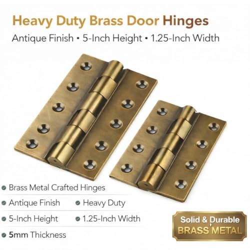 Image of Super Brass Hinges 5 inch | 5 inch x 1.1 /4 x 3 /16 Brass Antique Railway Smooth Hinges (Soft Close) (Pack of 3)