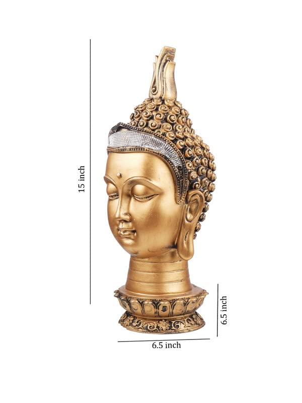 Image of THE WHITE INK DECOR Gold Toned Buddha Head Figurine for Home Decor, Vastu, Feng Shui, Religious Gift, Good Luck Idol Table Showpiece (16 Inches)