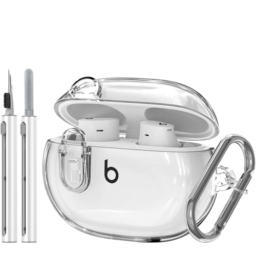 Compatible with Beats Studio Buds/Studio Buds Plus Case Cover Clear 2021/2023 Men Lock Clip with Cleaner Kit, Protective Cover for New Beats Studio Buds + Wireless Earbuds Case with Keychain, Clear